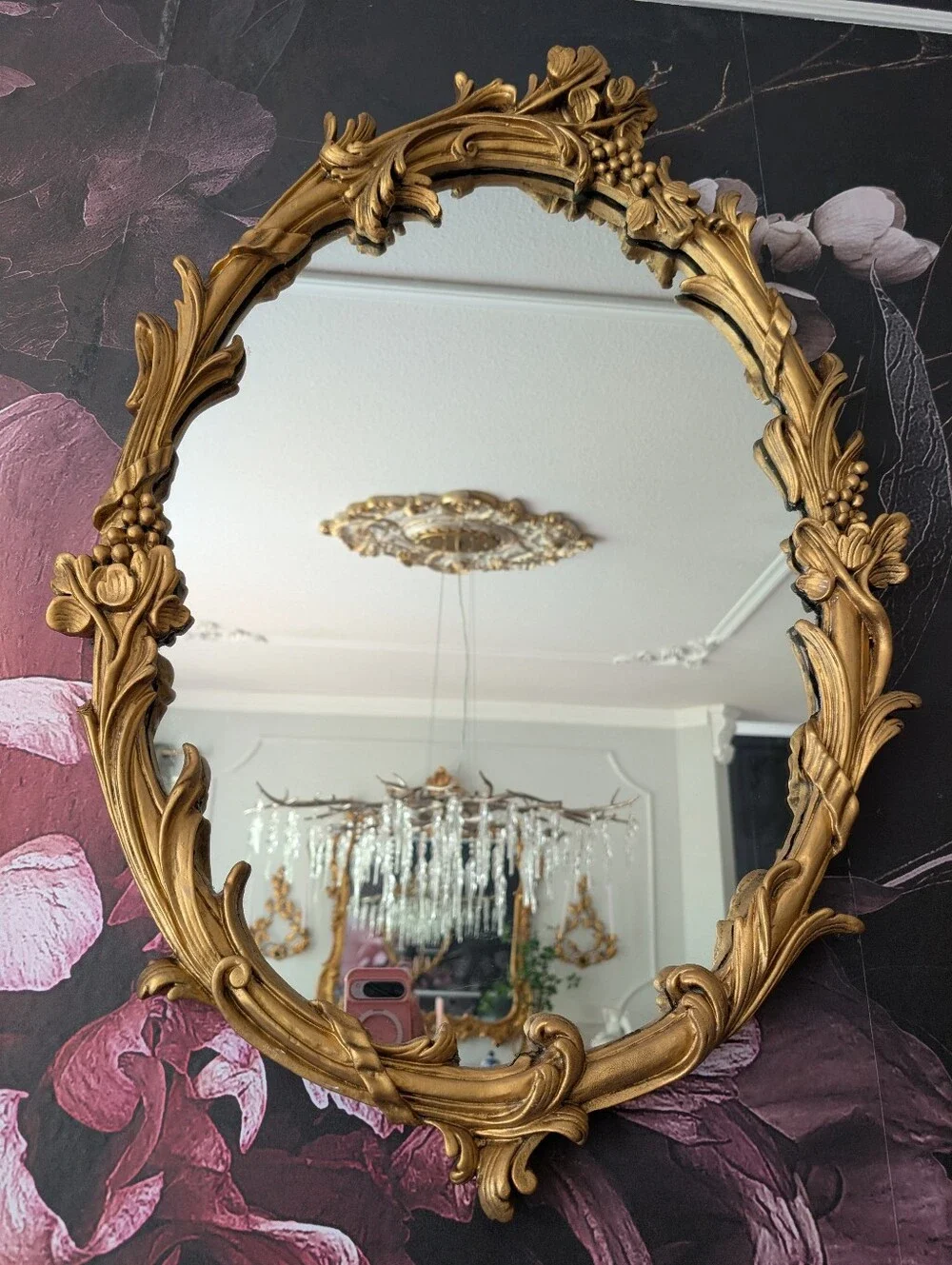 Vintage Rococo Victorian style Gold Ornate gold-framed, oval wall mirror, 35